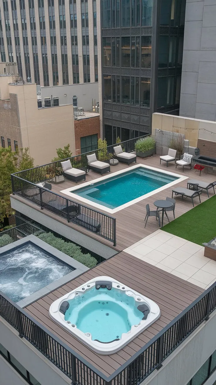 This modern rooftop deck is an urban sanctuary. A captivating balcony pool and a rejuvenating plunge pool take center stage on the spacious pool deck. Indulge in the soothing waters of the outdoor hot tub nestled within the tranquil spa patio, or unwind in the comfortable outdoor living space overlooking a small backyard pool. This backyard oasis, perched atop a modern building, offers an unparalleled escape from city life.