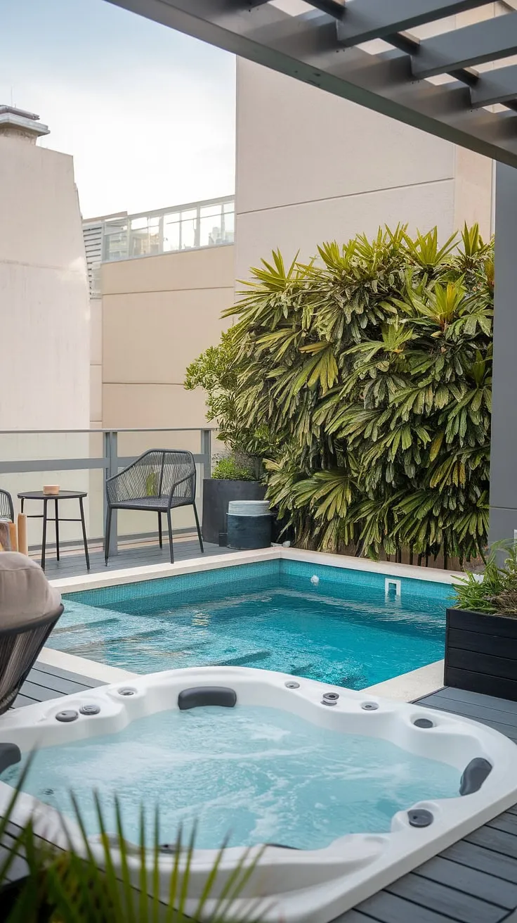 Indulge in the ultimate relaxation at this balcony pool paradise. The rooftop pool and its accompanying pool deck, complete with an outdoor hot tub, create the perfect serene rooftop deck escape.