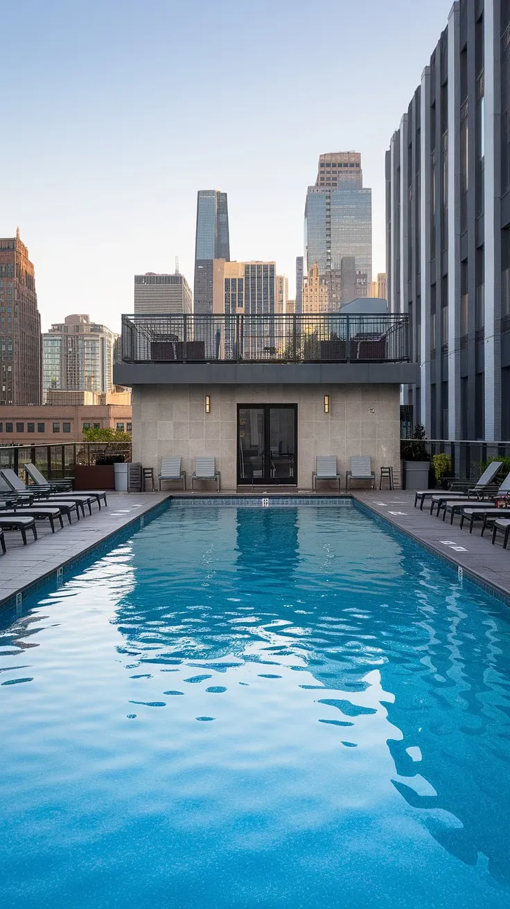 Escape the city bustle on this tranquil rooftop deck, where a refreshing plunge pool awaits. Lounge chairs surround the inviting balcony pool, perfect for soaking up the sun and enjoying the breathtaking city skyline views from this small backyard pool-like oasis. The outdoor living space, complete with a spa patio feel, offers the ultimate in relaxation.
