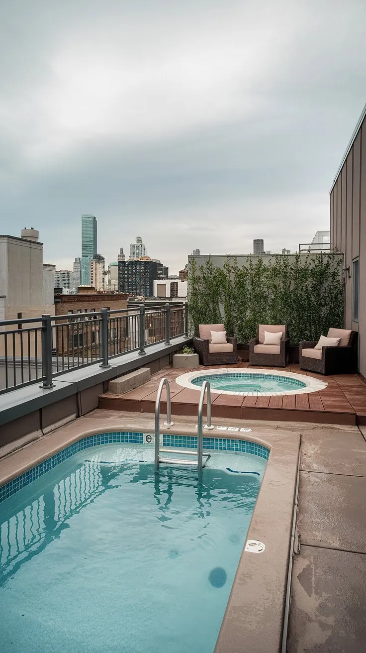Escape to this urban rooftop pool paradise. A stunning balcony pool, featuring a plunge pool with a ladder and a relaxing outdoor hot tub, awaits. This small backyard pool and its surrounding spa patio, complete with comfortable seating and lush greenery, transform this rooftop deck into a tranquil backyard oasis. The concrete pool deck provides a sleek backdrop to the breathtaking city views.