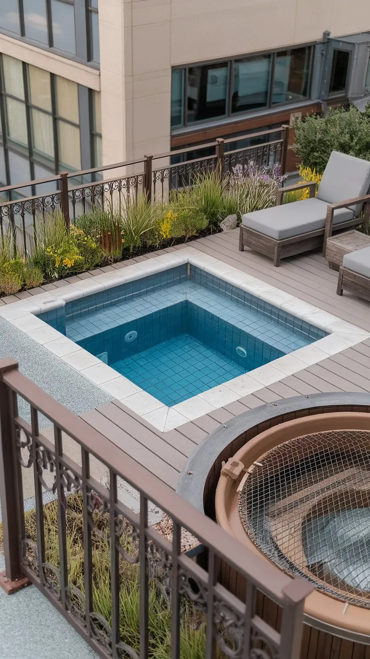 This rooftop pool and balcony pool combination is the ultimate outdoor living space. A small backyard pool, the plunge pool, offers a refreshing dip, while the nearby outdoor hot tub promises soothing warmth. The wooden pool deck, complete with comfortable lounge chairs and a stylish railing, creates a private backyard oasis perfect for unwinding. Enjoy the stunning views from this rooftop deck spa patio.