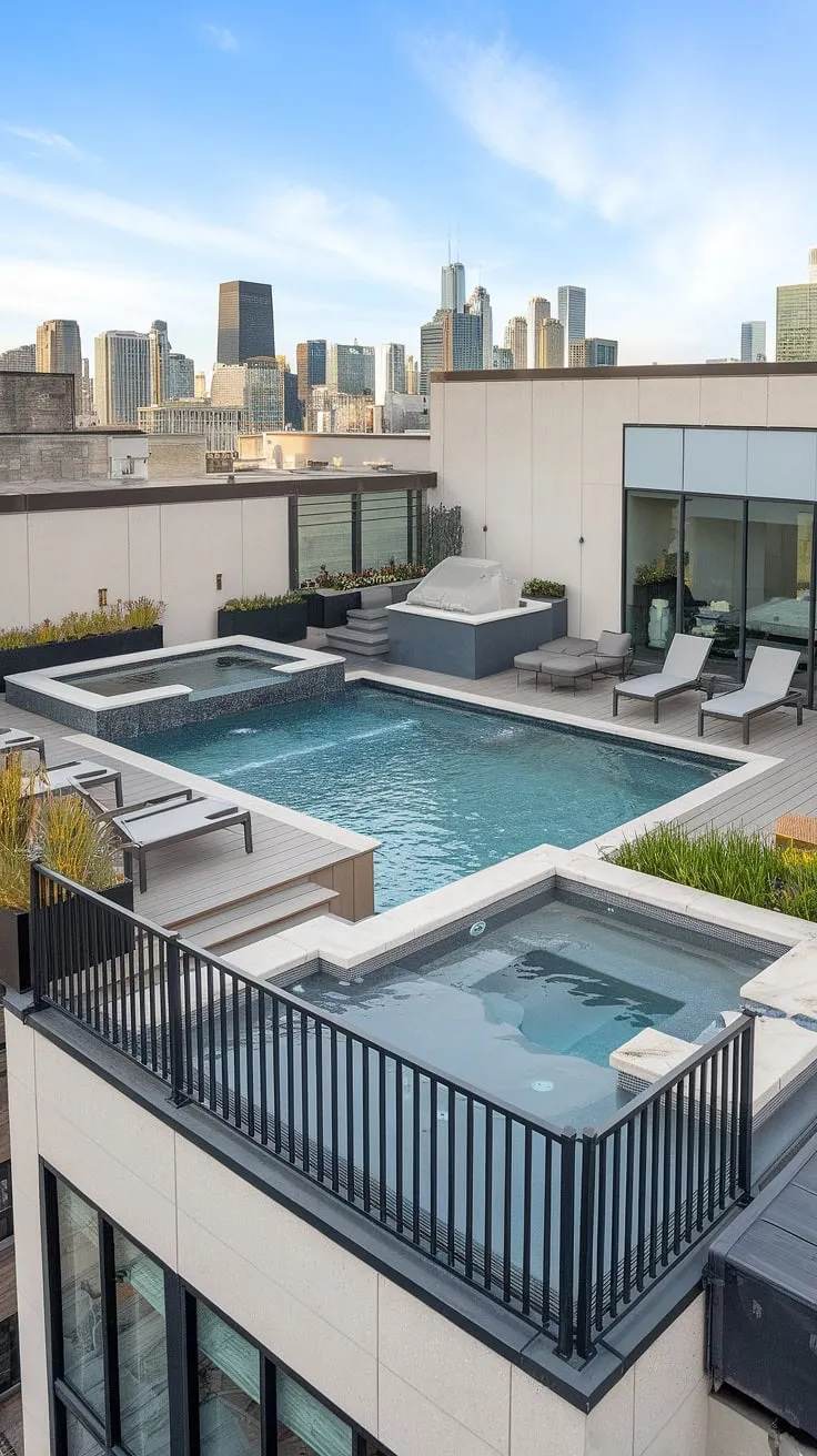 Indulge in the ultimate rooftop pool experience. This rooftop deck boasts a stunning balcony pool overlooking the city, a rejuvenating plunge pool perfect for a quick dip, and a spacious pool deck ideal for sunbathing. Complete with an outdoor hot tub and a serene spa patio, this small backyard pool becomes a luxurious outdoor living space—your own private backyard oasis.