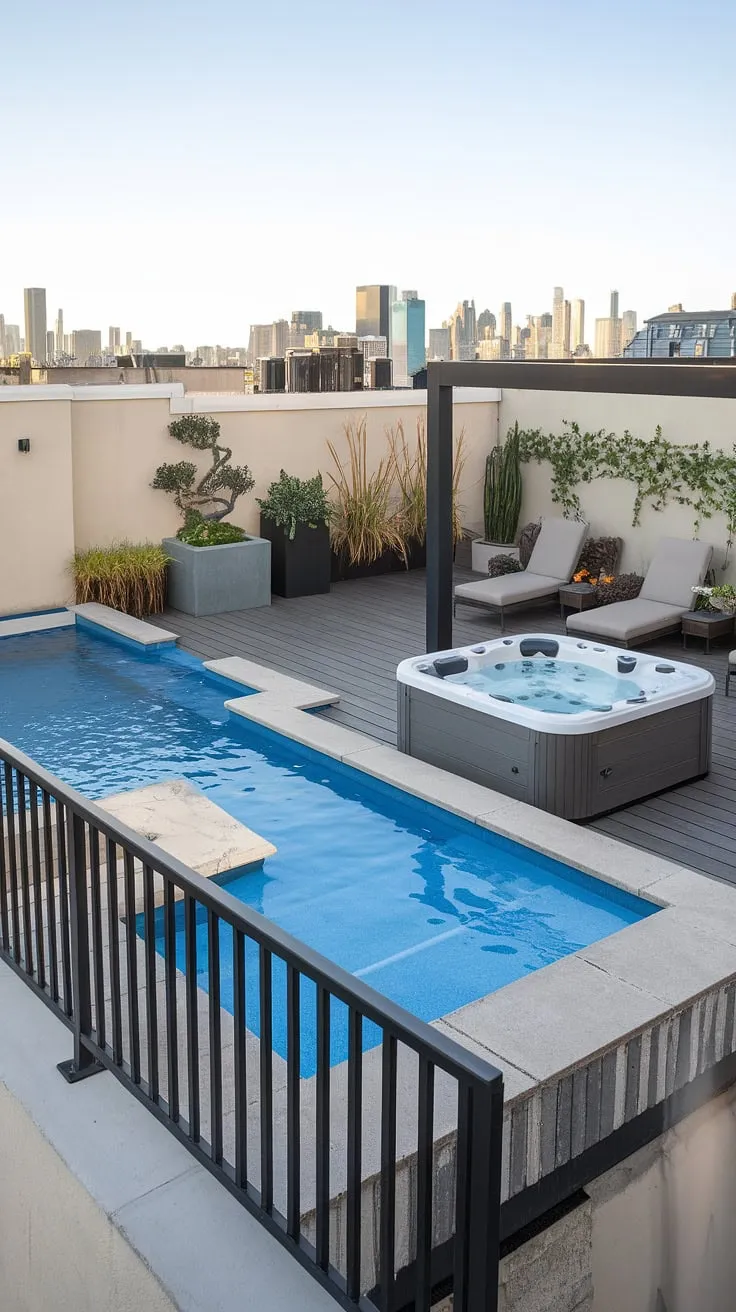 Indulge in ultimate relaxation with this stunning balcony pool and rooftop pool setup. The plunge pool, outdoor hot tub, and inviting spa patio create the perfect backyard oasis on your rooftop deck, offering an unparalleled outdoor living space.