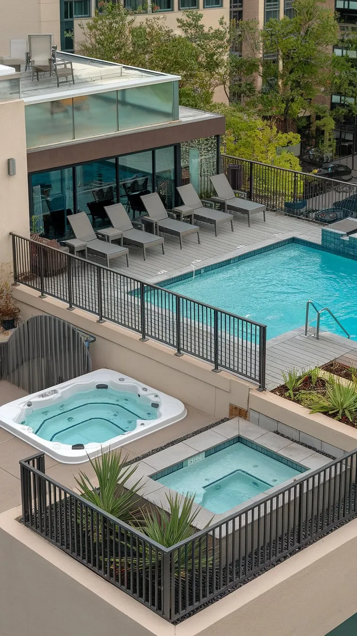 Indulge in luxury with this rooftop deck featuring a breathtaking balcony pool, plunge pool, pool deck, and outdoor hot tub. Your small backyard pool dreams just got a whole lot bigger.