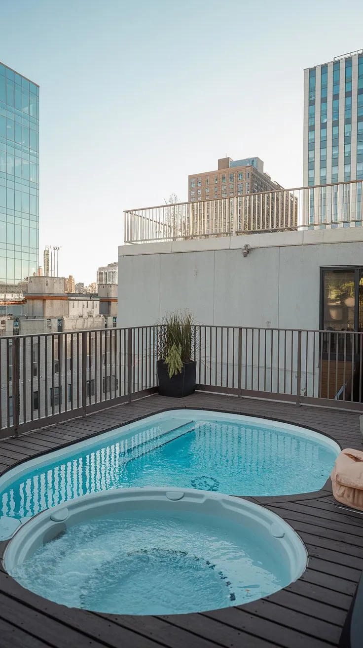 Indulge in the ultimate urban retreat: a breathtaking balcony pool, complete with a rooftop pool, pool deck, and outdoor hot tub. Your own private backyard oasis awaits on this rooftop deck, perfect for relaxation and breathtaking city views.