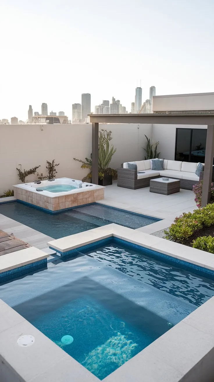Indulge in the ultimate luxury with this breathtaking rooftop deck, featuring a stunning balcony pool and a refreshing plunge pool perfect for a quick dip. The expansive pool deck seamlessly flows into a serene spa patio complete with an outdoor hot tub, creating the perfect backyard oasis. A small backyard pool adds another layer of relaxation, while the outdoor living space offers panoramic city skyline views.