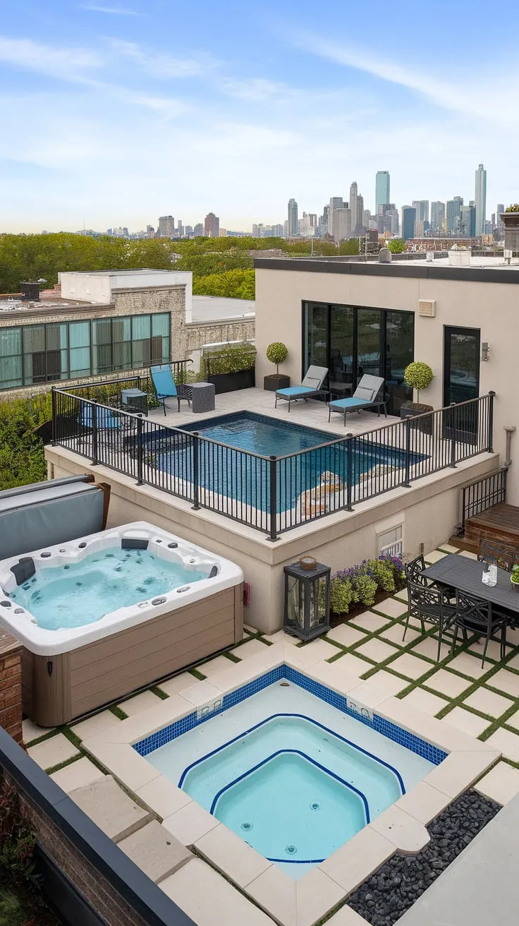 Indulge in the ultimate rooftop living experience with this breathtaking rooftop deck. The centerpiece is a luxurious balcony pool, perfect for taking a dip while enjoying the city views. Adjacent to it, a smaller plunge pool and a bubbling outdoor hot tub invite relaxation. The expansive pool deck, complete with comfortable loungers and a serene spa patio, creates an idyllic outdoor living space. This small backyard pool, nestled on the rooftop, transforms this area into a private backyard oasis.