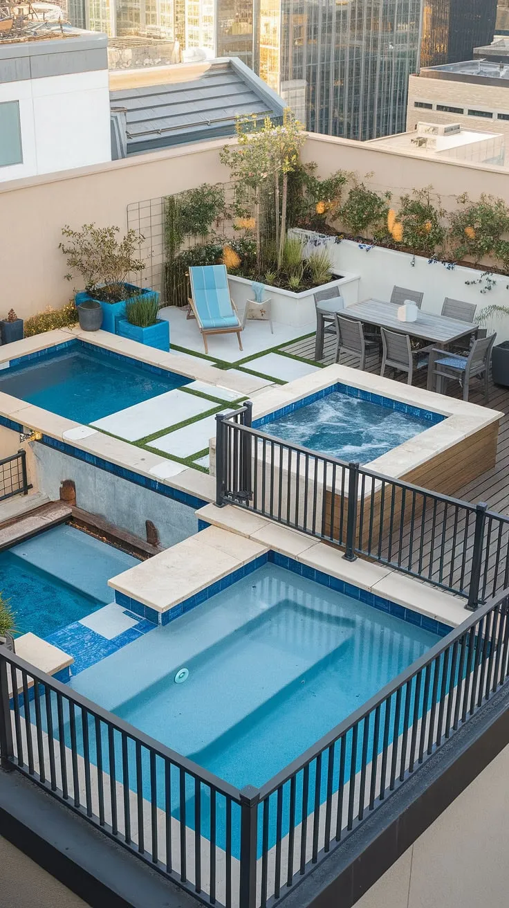 Escape to this luxurious rooftop deck, where a stunning city panorama complements the refreshing allure of a balcony pool and a plunge pool nestled within a sun-drenched pool deck. Unwind in the soothing embrace of the outdoor hot tub on the adjacent spa patio, or find tranquility by the small backyard pool, complete with a lounge chair and lush backyard oasis. The outdoor living space, perfect for al fresco dining, completes this urban retreat.