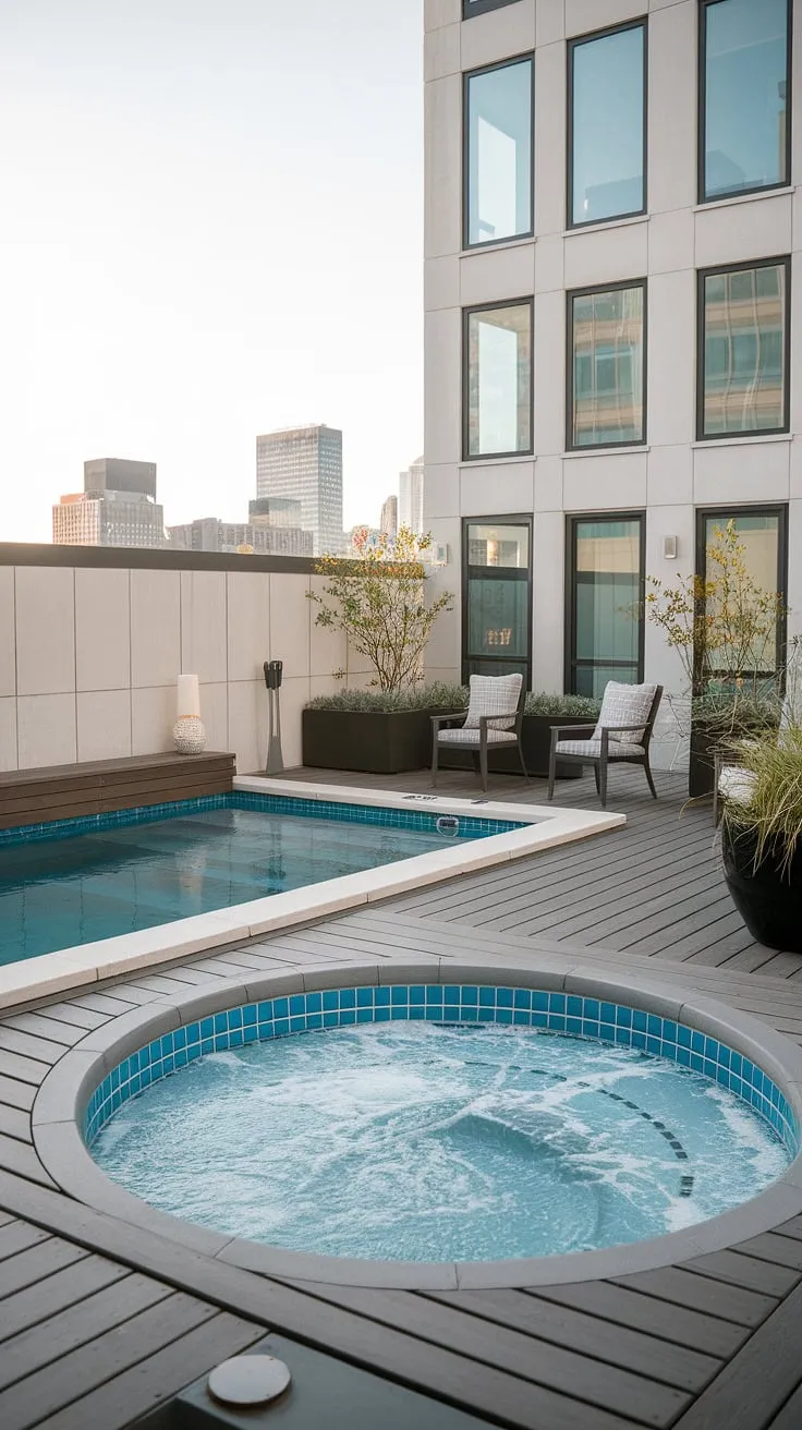Escape the city bustle on this serene rooftop deck, where a refreshing plunge pool and soothing outdoor hot tub await. The small backyard pool, perfectly situated on this pool deck, offers a private oasis for relaxation, complemented by comfortable seating and potted plants. This outdoor living space, a true backyard oasis, transforms a rooftop balcony pool into a luxurious spa patio.