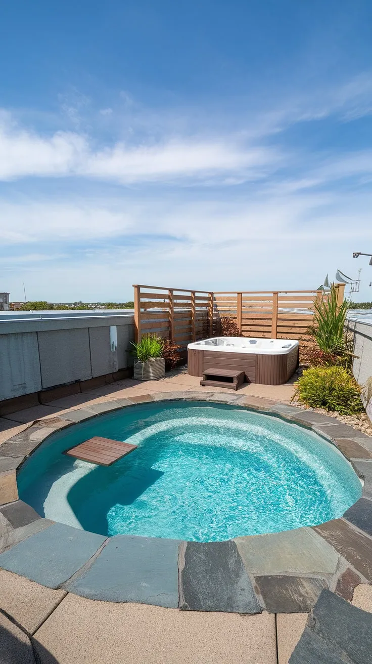 Escape to this luxurious rooftop deck, where a refreshing plunge pool with its inviting turquoise water and small wooden platform beckons. The adjacent outdoor hot tub, nestled within a wooden enclosure, adds to the spa patio ambiance. This small backyard pool, perched high above the city, transforms this rooftop pool and pool deck into the ultimate outdoor living space—a true backyard oasis.