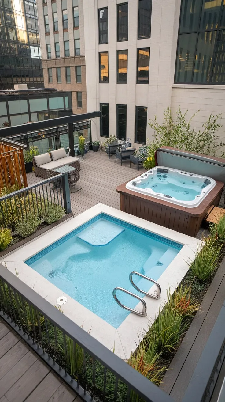 Escape the city bustle on this luxurious rooftop deck. A refreshing plunge pool beckons, while the nearby outdoor hot tub and spa patio offer ultimate relaxation. This small backyard pool, cleverly designed within the rooftop pool area, creates a private backyard oasis, perfect for outdoor living. The pool deck provides ample space for lounging, overlooking the cityscape.