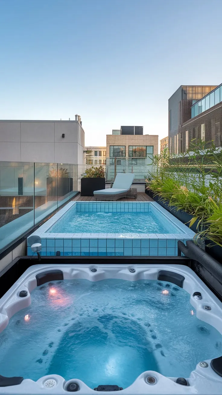 Escape to your own private backyard oasis: a rooftop deck featuring a stunning balcony pool, a revitalizing plunge pool, and a relaxing outdoor hot tub. The ultimate pool deck for creating unforgettable moments.