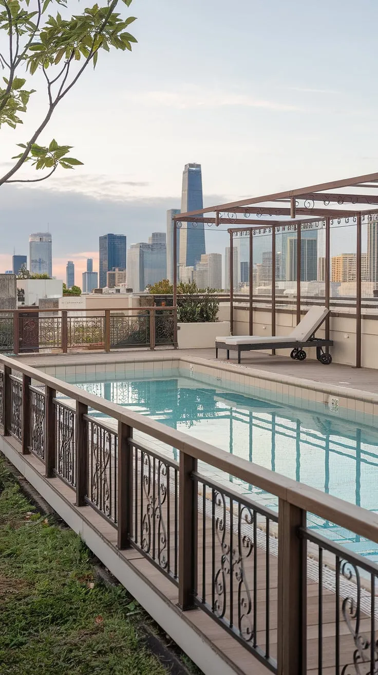 Imagine yourself unwinding in this luxurious balcony pool, a perfect blend of urban sophistication and tranquil escape. The rooftop pool, a small backyard pool with a generous pool deck, is framed by elegant wooden railings and a decorative metal structure. Enjoy the city views from the rooftop deck, or simply relax on the lounge chair beside the beige-tiled plunge pool. This outdoor living space is the ultimate backyard oasis, a private spa patio in the sky.