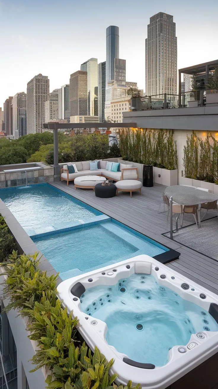 Indulge in the ultimate outdoor living space: a rooftop deck boasting a breathtaking balcony pool, a refreshing plunge pool, and a soothing outdoor hot tub. Complete with a spacious pool deck, spa patio, and even a small backyard pool, this is rooftop pool perfection.