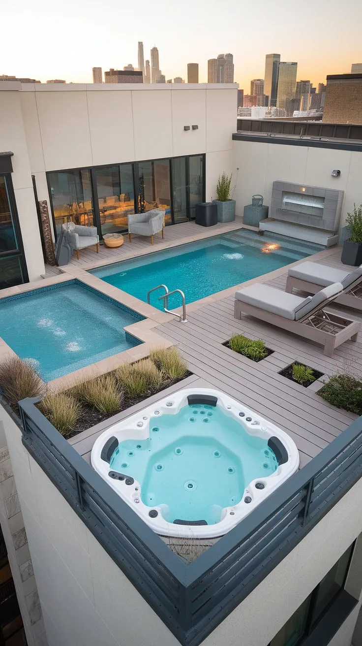 Escape to your own private rooftop oasis: a balcony pool, plunge pool, and outdoor hot tub await on this luxurious rooftop deck, complete with a spa patio and outdoor living space. The city skyline provides a breathtaking backdrop.