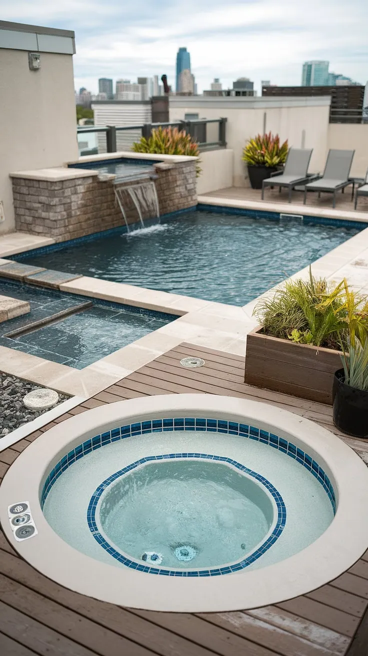 Your private backyard oasis awaits: a balcony pool and rooftop pool experience complete with a plunge pool, outdoor hot tub, and stunning city views. The ultimate outdoor living space.
