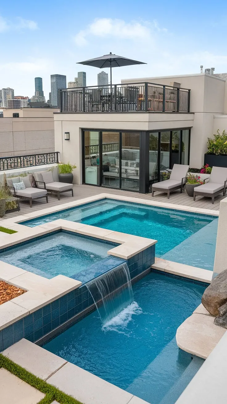 Escape to your own private backyard oasis, complete with a stunning rooftop pool and a luxurious plunge pool perfect for a refreshing dip. The spacious pool deck offers ample room to relax on lounge chairs, while the outdoor hot tub and spa patio with a waterfall feature add a touch of serenity. Enjoy breathtaking city skyline views from your private balcony pool, transforming this small backyard pool into an expansive outdoor living space.