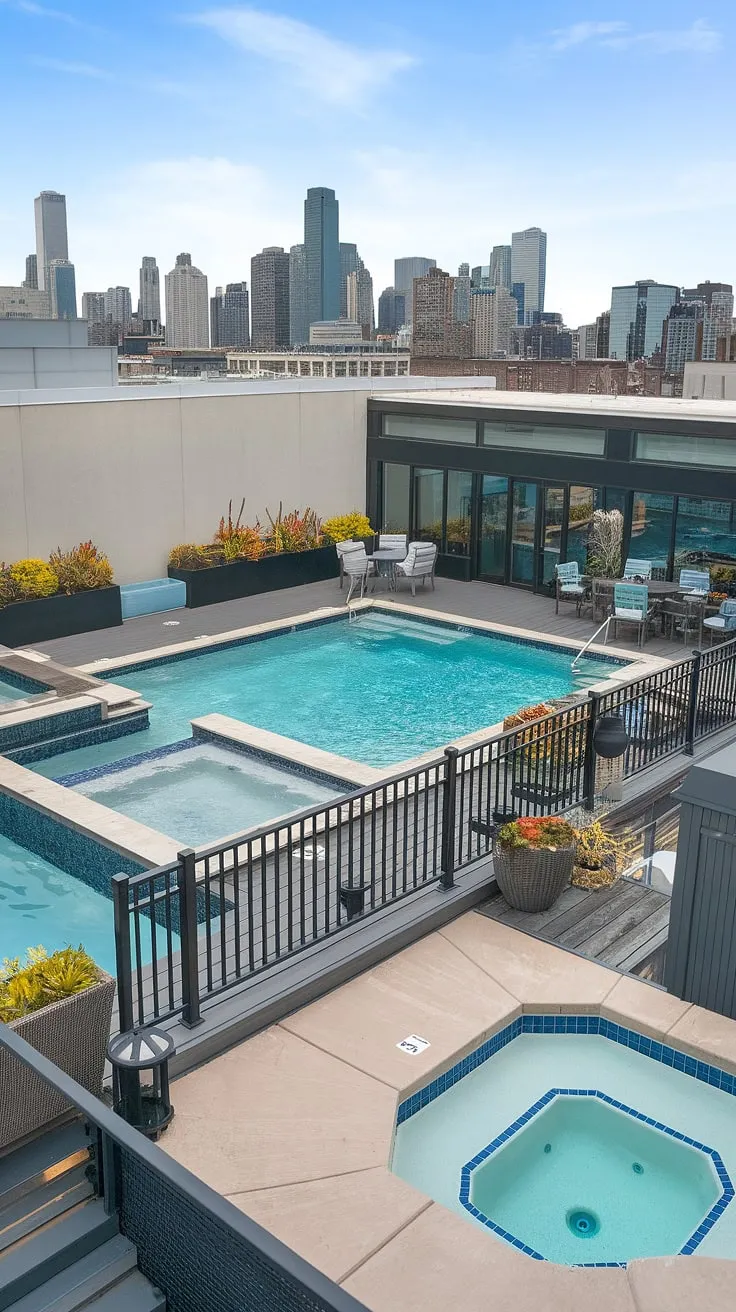Indulge in the ultimate backyard oasis: a small backyard pool, complete with a balcony pool, spa patio, and pool deck, all overlooking the stunning city skyline.