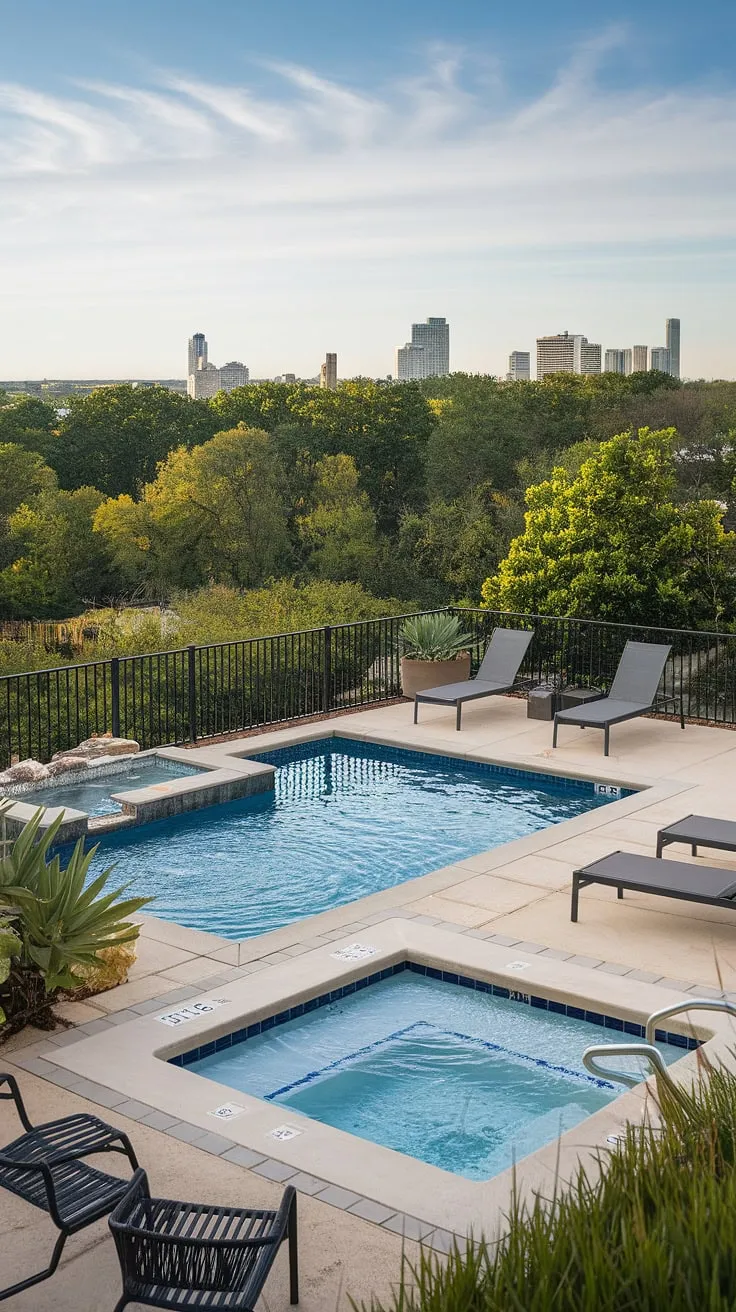 Indulge in ultimate relaxation with this stunning rooftop pool. The plunge pool, outdoor hot tub, and inviting pool deck create the perfect outdoor living space, turning a small backyard pool into a breathtaking balcony pool and spa patio retreat.