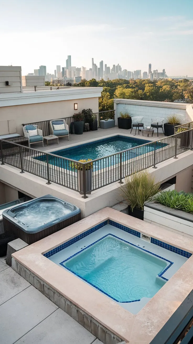 Escape to your own private backyard oasis on this rooftop deck. A luxurious balcony pool, perfect for a refreshing plunge, sits center stage on the pool deck, overlooking a stunning city skyline. Nearby, an outdoor hot tub and spa patio offer ultimate relaxation, completing this outdoor living space with a small backyard pool feel, despite its elevated location.