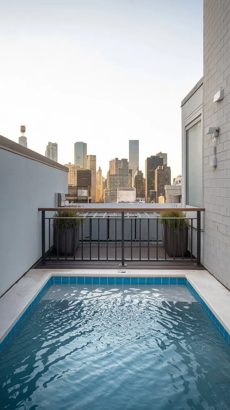 Escape the city bustle on this serene rooftop deck, where a refreshing plunge pool awaits. The small balcony surrounding the rooftop pool offers a private oasis, perfect for relaxation. This outdoor living space, complete with a pool deck and the feel of a backyard oasis, transforms even a small backyard pool into a luxurious spa patio.