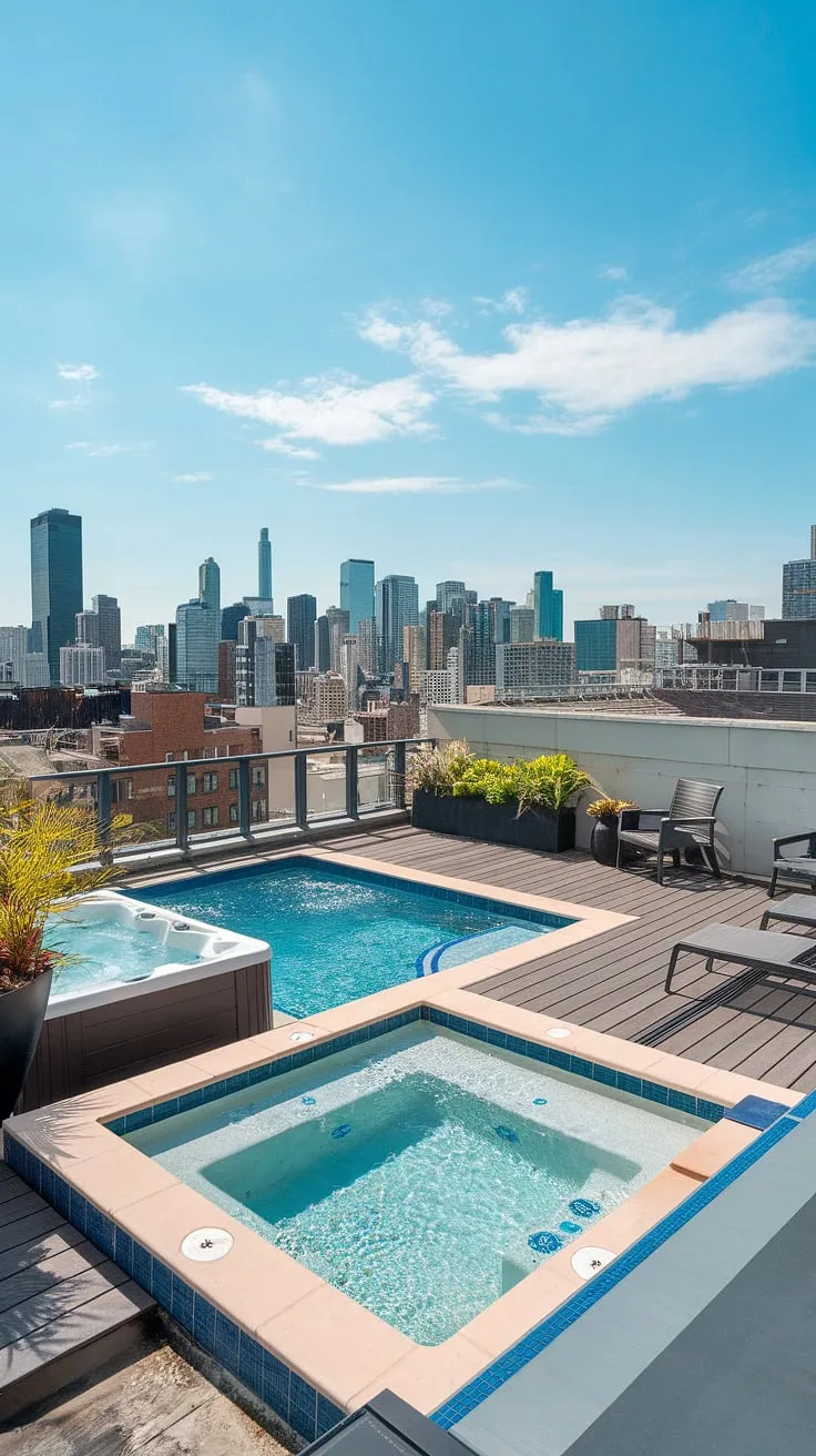 Indulge in ultimate outdoor living space with this stunning rooftop deck featuring a balcony pool, plunge pool, and outdoor hot tub. Relax and rejuvenate on the spa patio, enjoying the panoramic city skyline from your own backyard oasis.