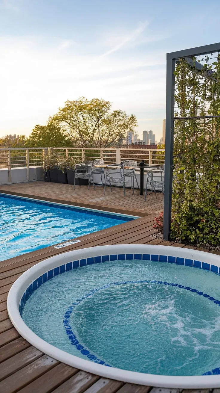 Escape the city in your own private backyard oasis: this balcony pool and outdoor hot tub offer the ultimate rooftop pool experience. The plunge pool, pool deck, and spa patio create an idyllic outdoor living space.