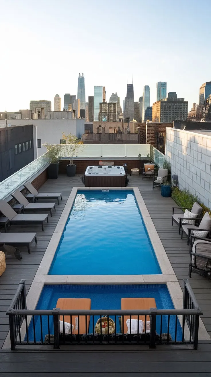 Escape the city in your own private backyard oasis. This balcony pool, a perfect plunge pool, offers stunning skyline views from its rooftop deck, complete with a pool deck, outdoor hot tub, and spa patio.