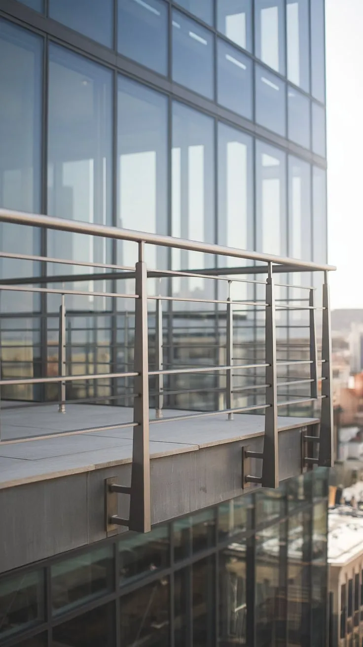 Experience urban living at its finest with this contemporary balcony railing. The minimalist balcony railing, crafted from modern steel railings, provides a stunning contrast against the glass facade and offers a glimpse into the world of sleek balcony railings and modern balcony railings.  Explore innovative balcony design ideas with this sophisticated steel railing design.