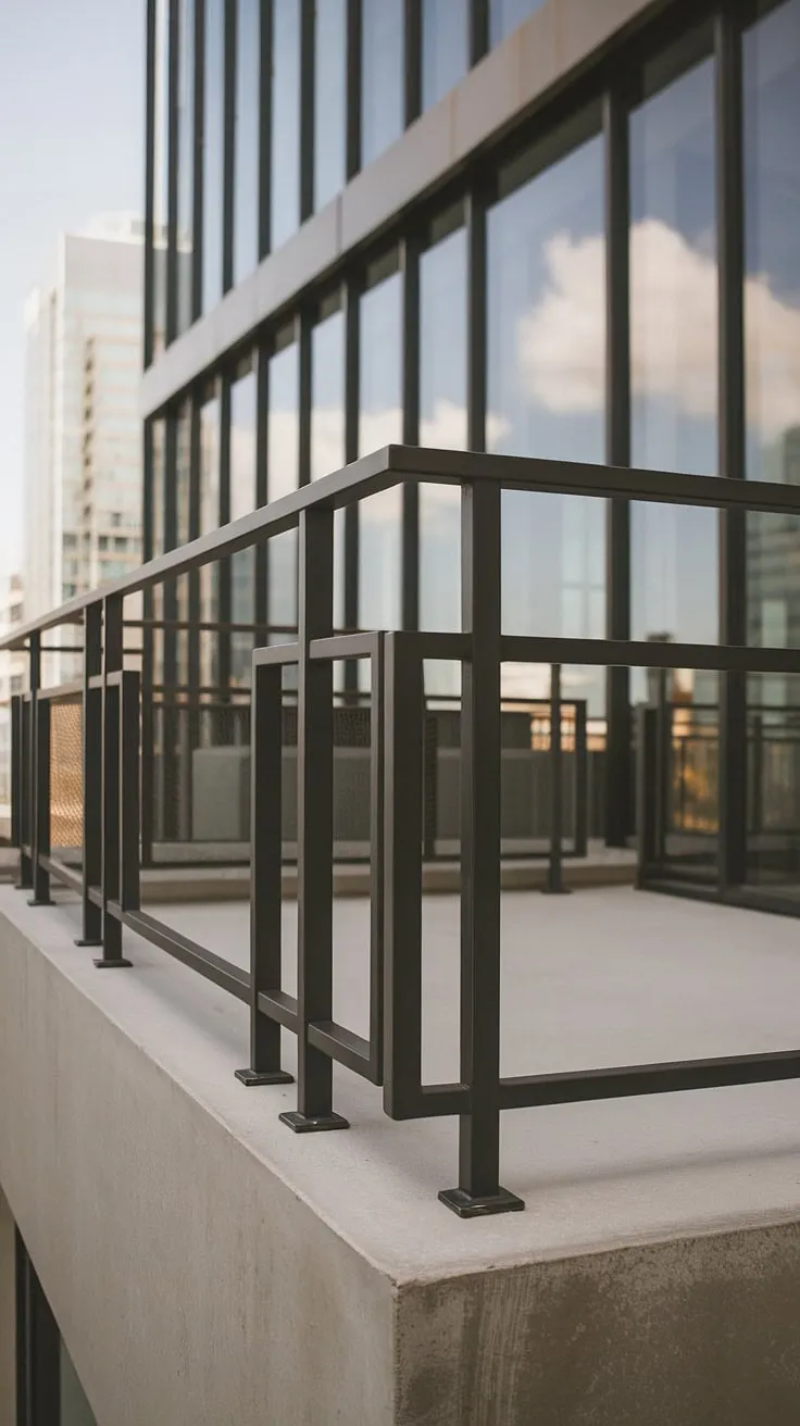 Experience urban living redefined. This contemporary balcony railing showcases the beauty of modern steel railings with its minimalist square tube design and matte black finish.  The sleek balcony railings provide a secure and stylish boundary, seamlessly integrating with the glass and concrete to create a breathtaking modern balcony design.  Explore these balcony design ideas for your own space.