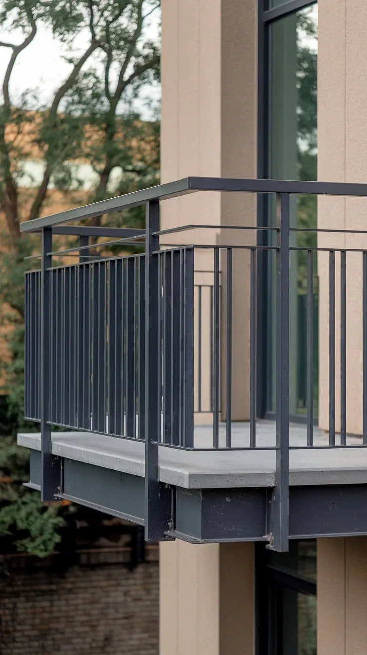 This contemporary balcony railing is the epitome of modern balcony railings.  The steel balcony railing's simple, rectangular posts and flat top create a stunning minimalist balcony railing, perfect for those seeking sleek balcony railings and innovative steel railing design.  Explore more balcony design ideas with this modern steel railings inspiration.