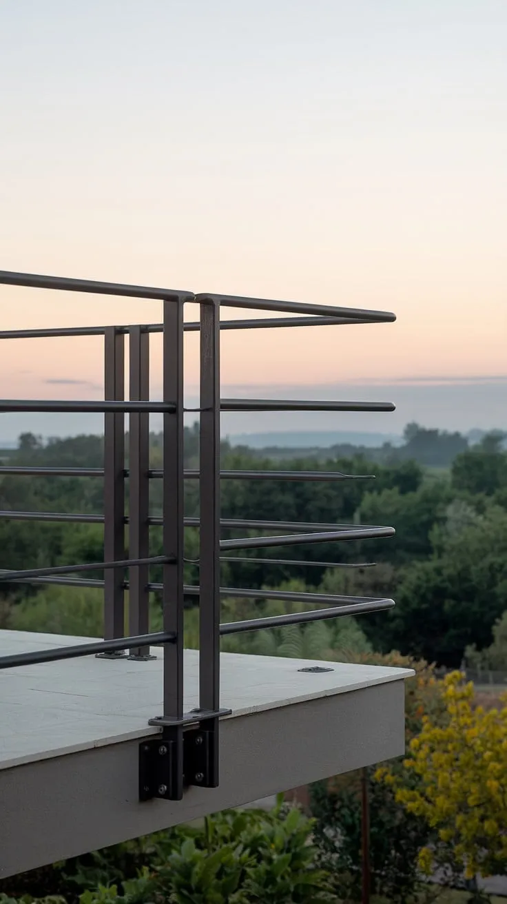 Modern balcony railings redefined. This steel balcony railing boasts a minimalist design, showcasing the beauty of sleek balcony railings and contemporary balcony railing styles.  Its matte black finish complements any setting, offering a sophisticated touch to your balcony design ideas.  Discover the elegance of modern steel railings and elevate your outdoor space with this stunning modern outdoor railings inspiration.