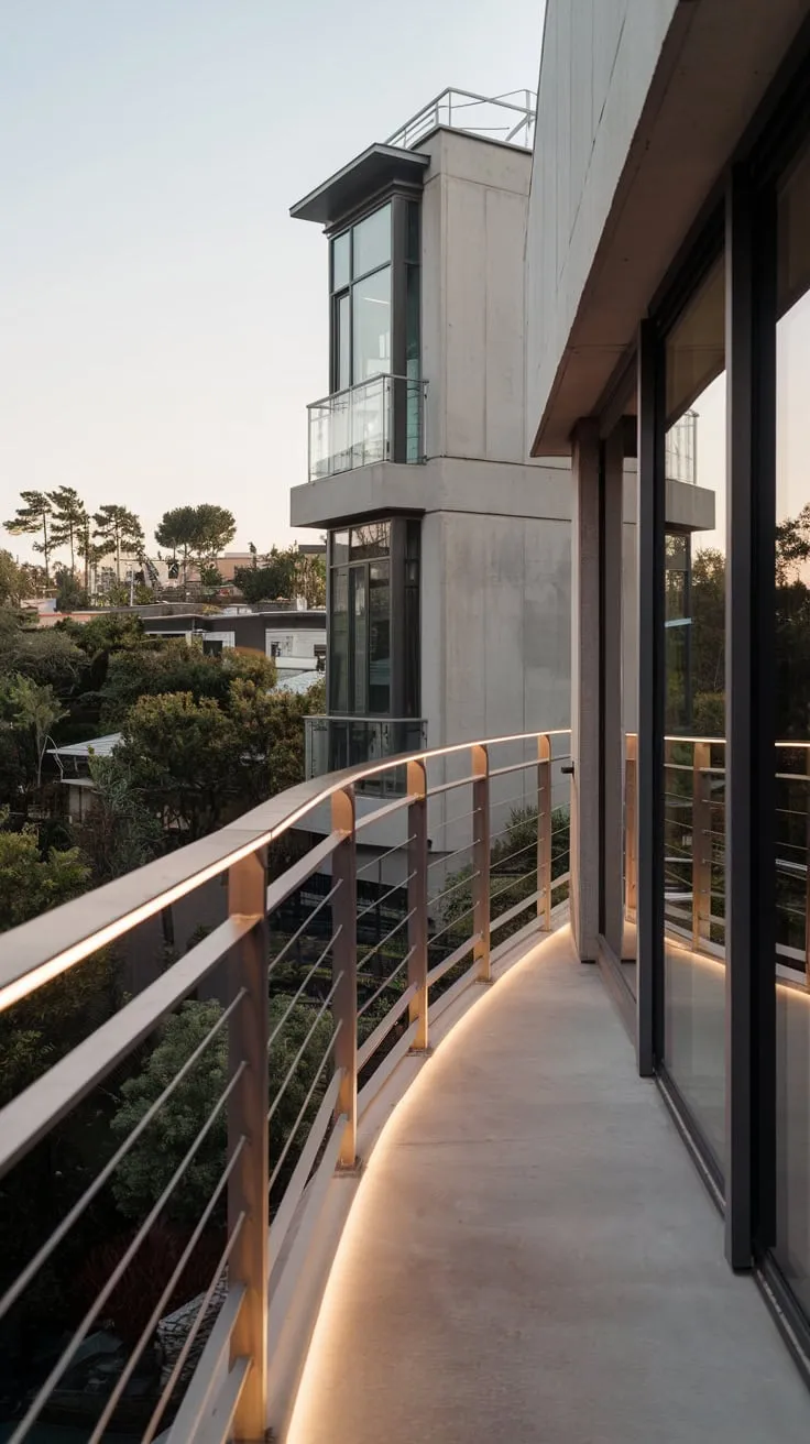 Embrace contemporary elegance with a minimalist steel railing that frames your perfect escape into the vibrant landscape