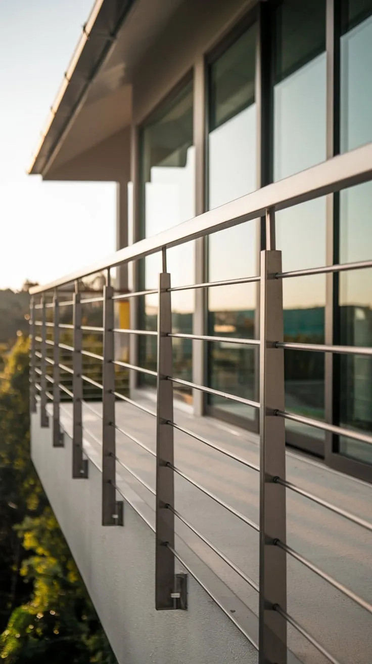From above, you see a sleek steel balcony offering breathtaking views from a stylish home bathed in soft light