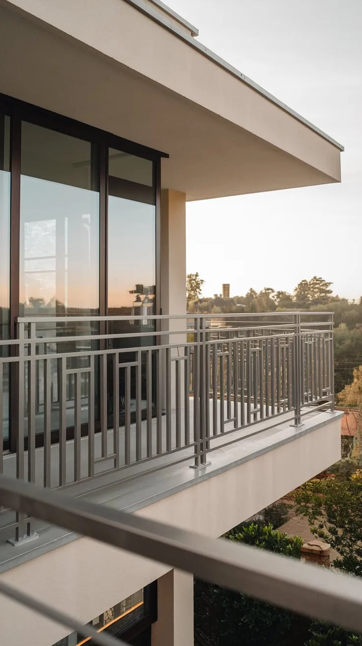 From above, you see a softly lit home, its second-story balcony boasting a sleek steel railing and a captivating view