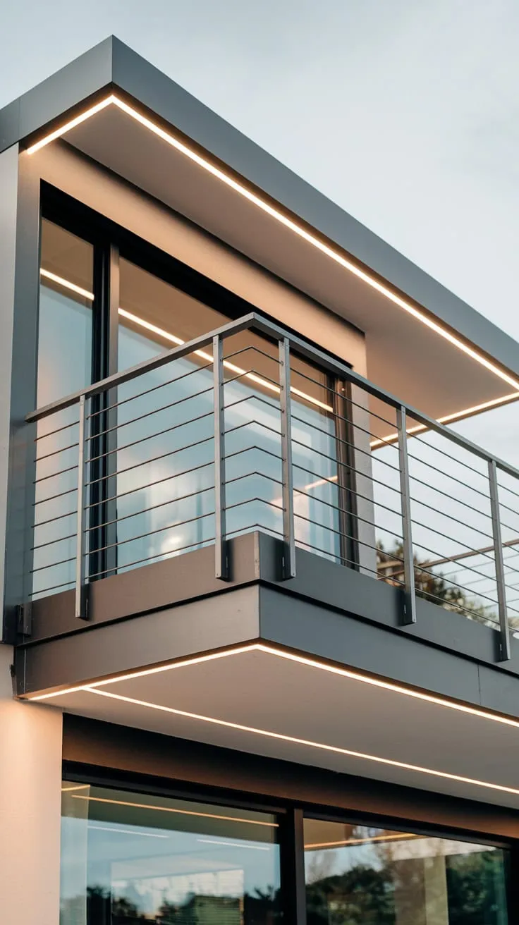 Soft light illuminates your sleek, steel-railed balcony, offering a high-level view