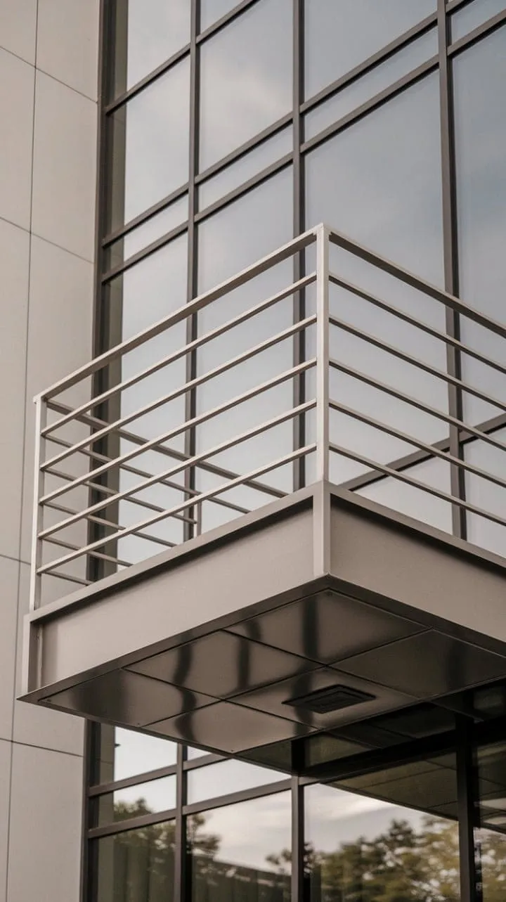 This sleek steel railing seamlessly blends security and style, enhancing the building's glass facade with its airy, minimalist design.