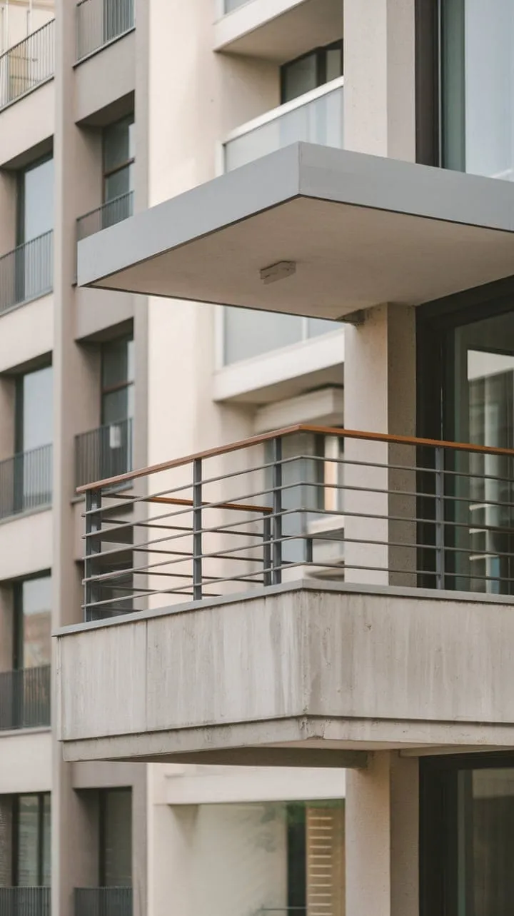 This sleek steel balcony serves as a minimalist sanctuary, harmonizing urban architecture with serene tranquility.
