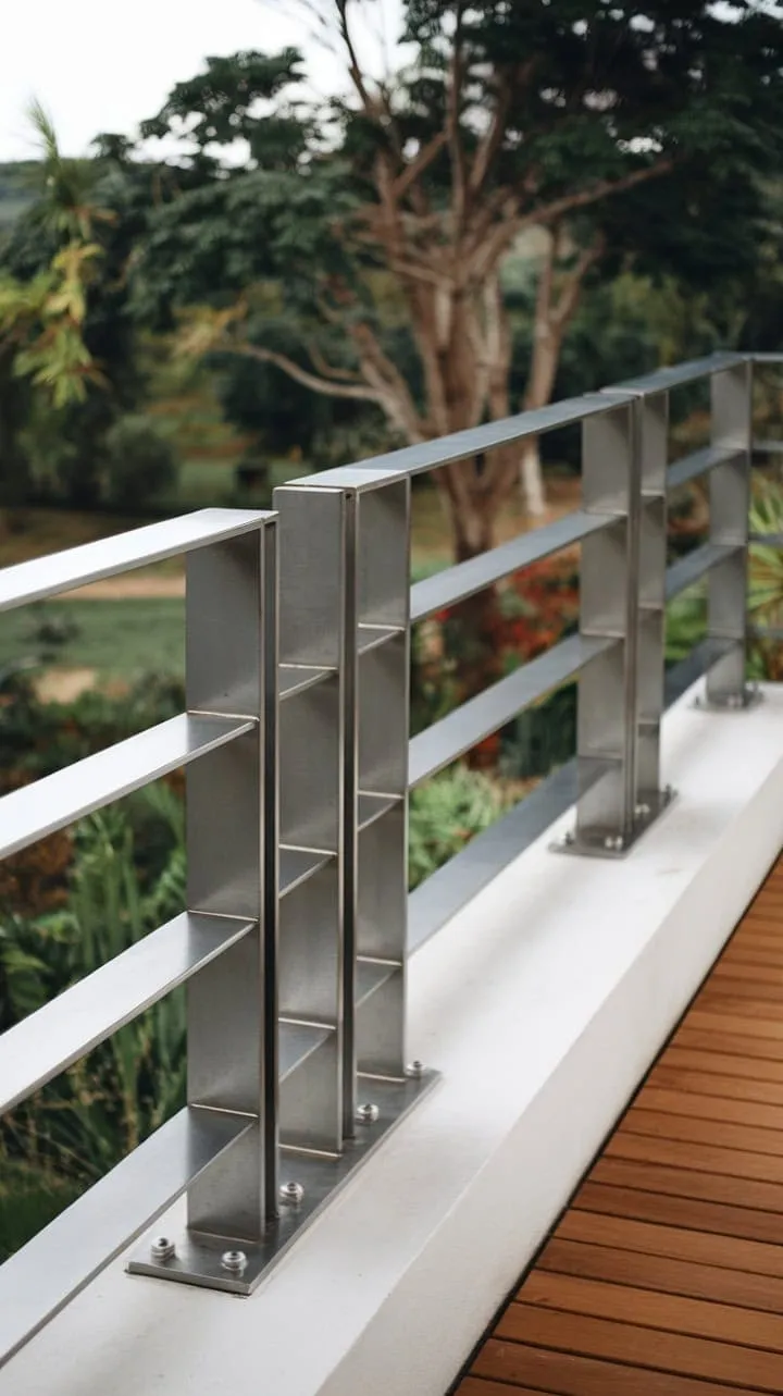 This minimalist steel railing harmoniously combines modern design with the serene beauty of nature, serving as both a striking visual focal point and a safety feature.