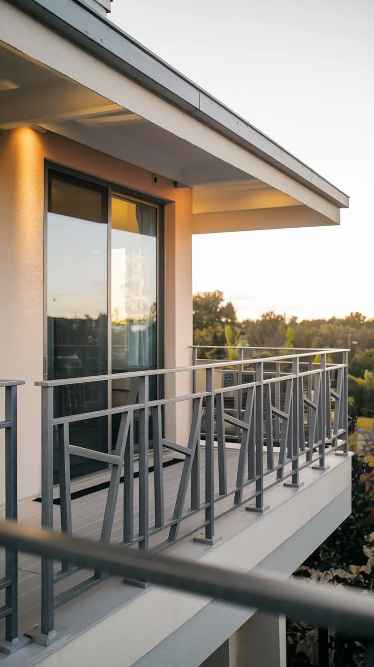 From above, you see a softly lit home with a unique steel balcony railing overlooking a captivating view
