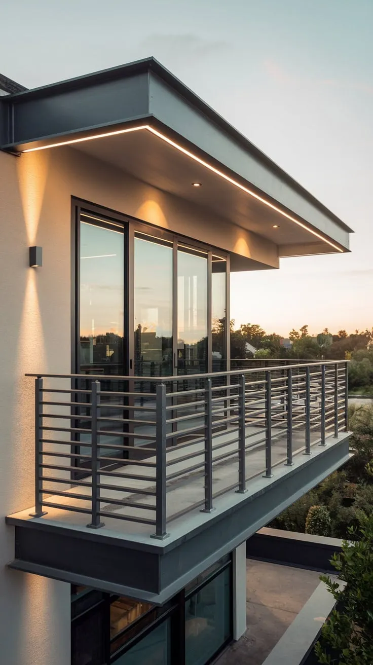 Soft light illuminates your minimalist steel balcony railing, high above a captivating view