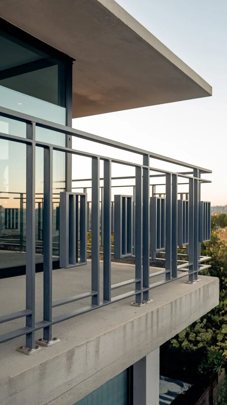 Soft light bathes your second-story balcony, its sleek rectangular steel railing framing a clear sky and a captivating view
