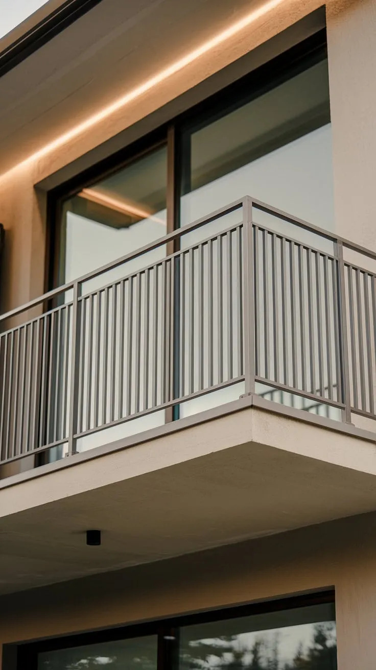 Soft light washes over your sleek steel-railed balcony, offering a breathtaking high-level view