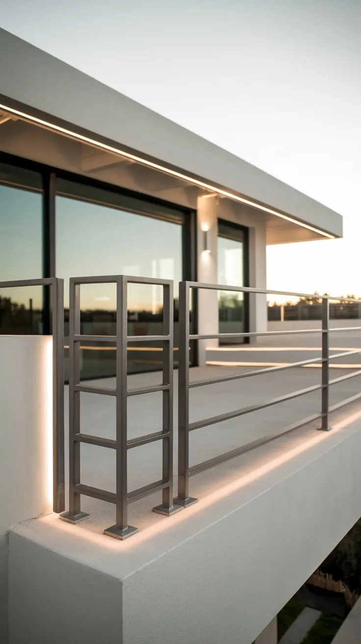 From above, you see a minimalist home's sleek balcony, bathed in soft light, its steel railing framing a captivating view