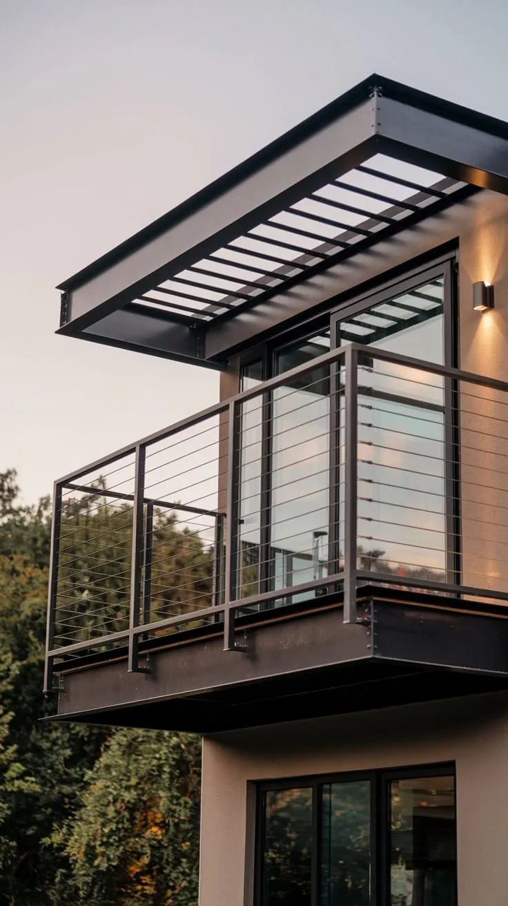 Soft light illuminates your sleek steel balcony railing, offering breathtaking views from your home's height