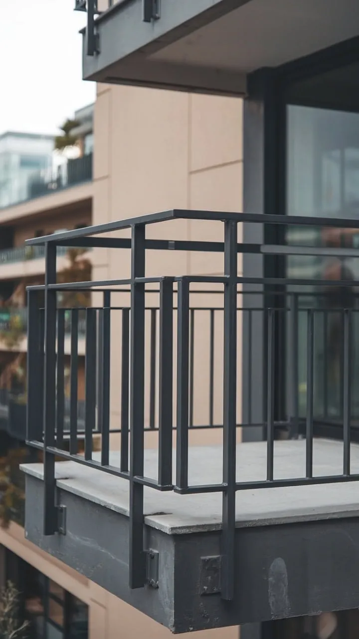 This minimalist steel balcony railing seamlessly blends industrial elegance with stunning city views, epitomizing modern urban living.