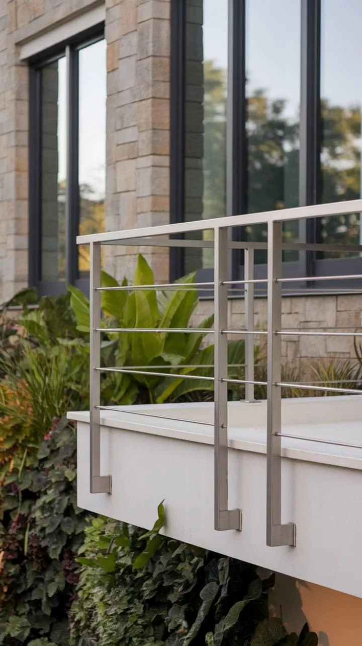 A sleek steel balcony railing elegantly contrasts with vibrant greenery, creating a tranquil yet sophisticated harmony between modern minimalism and nature.