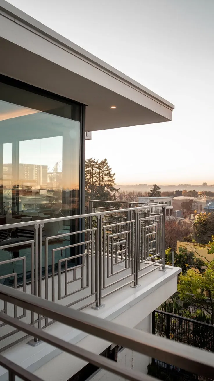 Discover your urban oasis from a stunning balcony, where modern steel railings frame breathtaking city views bathed in soft lighting