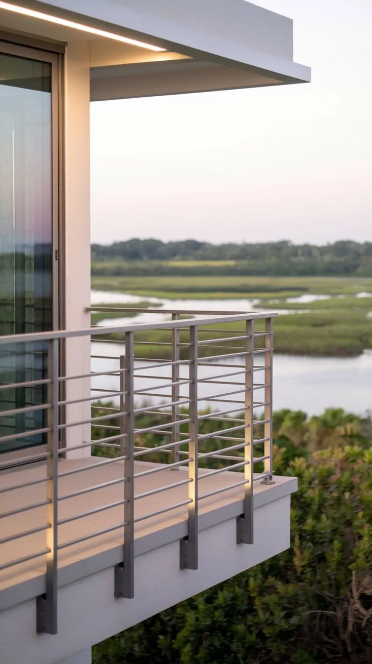 Soft light illuminates the minimalist steel balcony railing of your sleek home, offering a breathtaking view of tranquil water and lush greenery