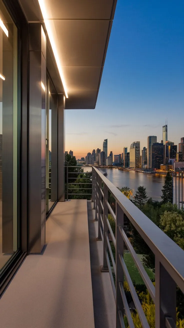 Soft light illuminates your sleek, matte black balcony railing as you gaze upon the city's glittering skyline and river